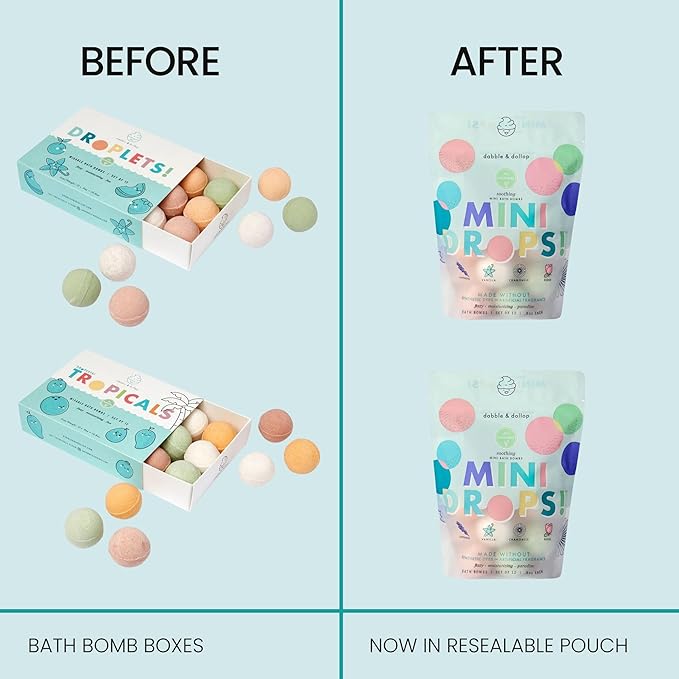 Dabble & Dollop Mini Bath Bombs, 100% Natural Droplets for Kids, Soothing Scents - Resealable Pouches, Fizzy, Moisturizing & Fun, Vegan, Gluten-Free, Cruelty-Free (Set of 24)