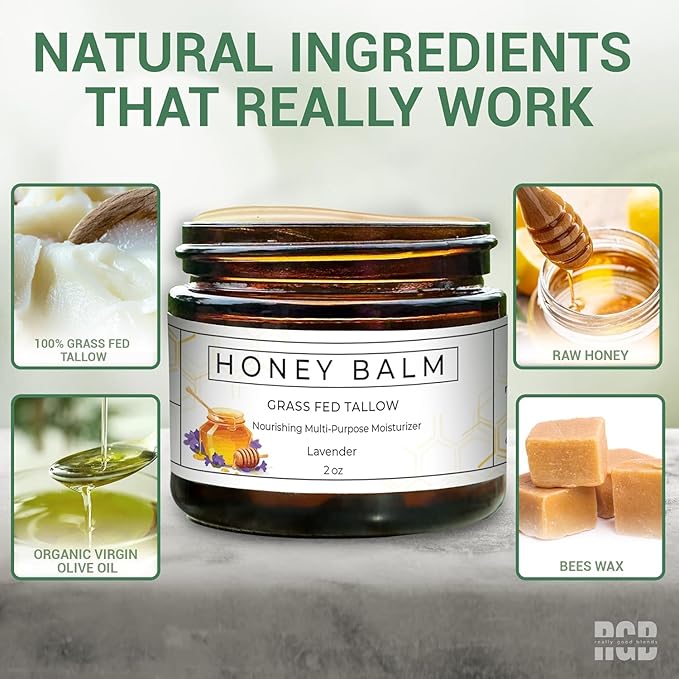 Tallow and Honey Balm, Organic Body Butter, Grass-Fed Beef Tallow for Skin, Soothing All-Natural Moisturizer for Body and Face | Made in USA - 2 oz (Lavender)