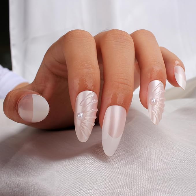 3D Pearl French Press On Nails Almond Medium Nude Pink & White Acrylic Fake Nails with Sculpted Design, Reusable Stick On Nails for Women, 24PCS with Glue and Full Manicure Kit