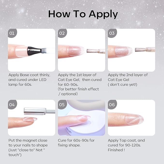 modelones Gel Nail Polish Set, 6 Colors Cat Eye Black White Gray Silver Glitter Shimmer Gel Polish Kit with Magnet Sparkle Galaxy Series Soak Off Nail Art Manicure Home Gift for Women Girl