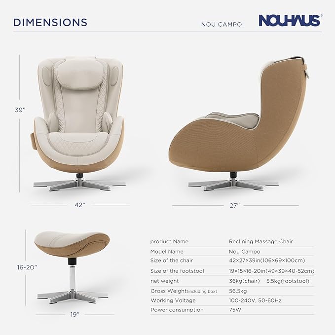 Nouhaus NOU Campo Heated Massage Chair,Full Body Massaging Zero-Gravity Leisure Recliner with Low-Noise 3D Massage and Dual Sound Systems Modern Massage Chairs (Elder White)