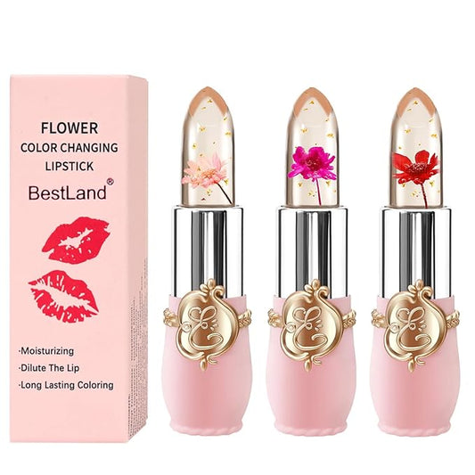 BestLand 3 Pcs/Set Flower Jelly Lipstick Set Temperature Change Moisturizer Long Lasting Nutritious Balm Magic Color Change Lip Gloss (3Pcs Flower Jelly Lipstick 010203)