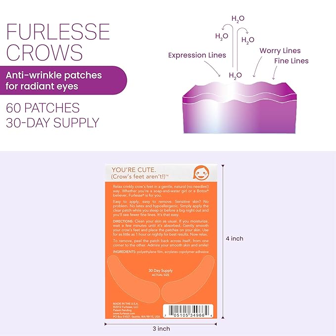Furlesse Crows Wrinkle Patches, Overnight Eye Patches for Wrinkles and Crow’s Feet Lines, Non-invasive Anti-Wrinkle Patches, Anti-aging Skincare, 60 Patches, 30-Day Use