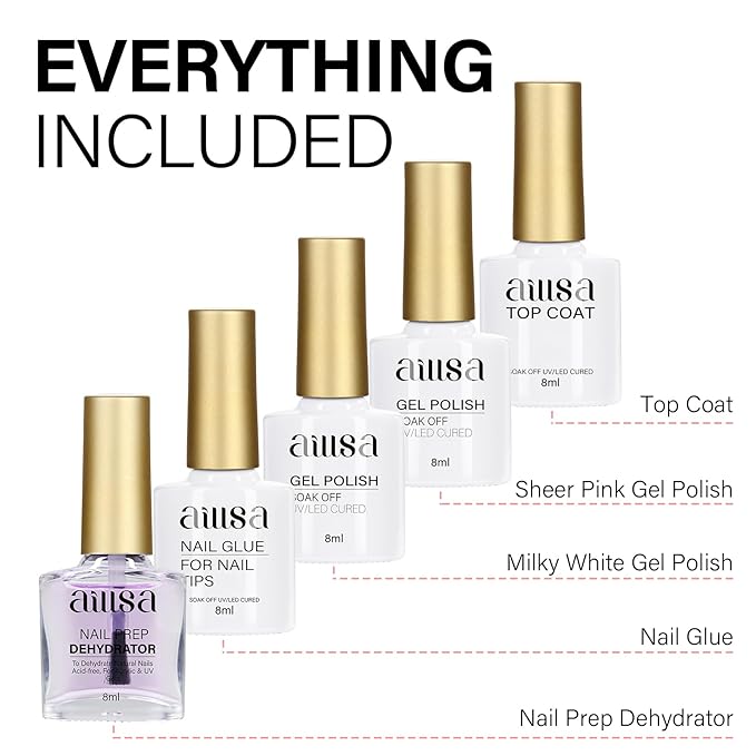 AILLSA Nail Tips and Glue Gel Kit Short Coffin Nail Tips 240pcs with 2 In 1 Nail Glue Base Coat and Nail Dehydrator, Gel Extension Nail Kit with U V Light Top Coat for DIY Home Salon