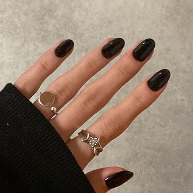 modelones Black Short Press on Nails, Oval Fake Nails Kit Press Ons with Nail Glue, Adhesive Tabs, Nail File, Prep Pad, Manicure Stick, 32Pcs 16 Sizes, Christmas