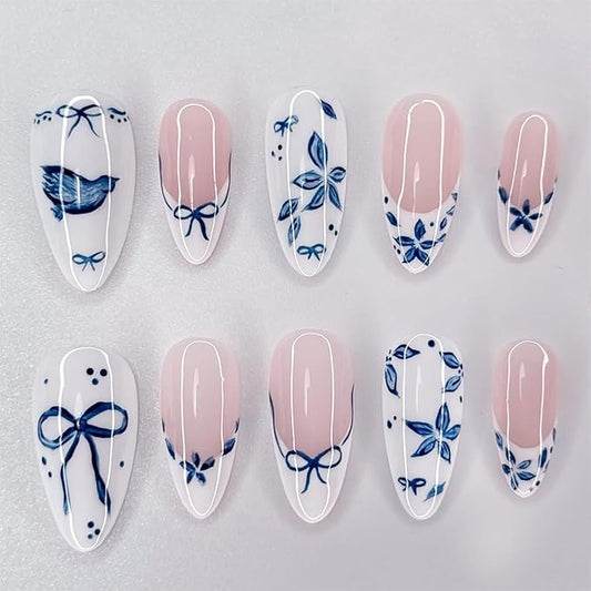 24Pcs Blue Flower Press on Nails Medium Almond French Tip Fake Nails with Bow Design White Glossy False Nails Full Cover Artificial Glue on Nails Spring Summer Stick on Nail for Women DIY Manicure