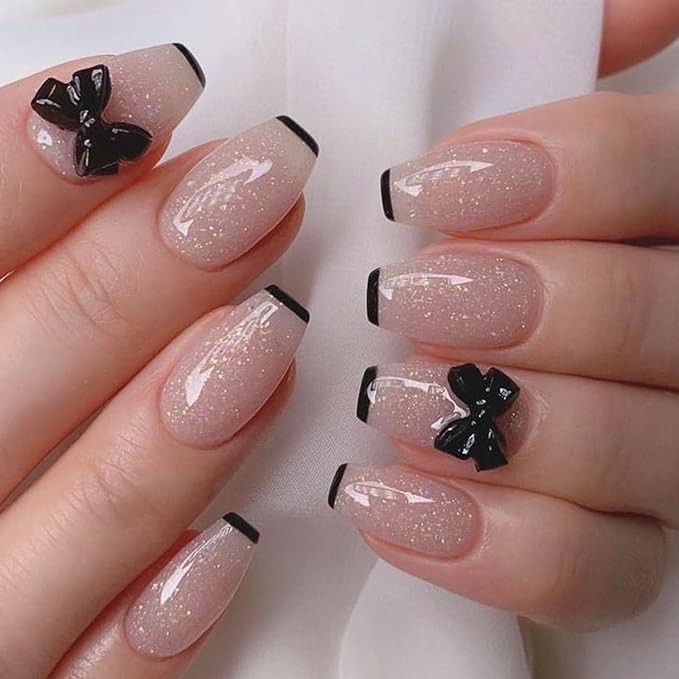 Short Press on Nails Coffin Fake Nails with 3D Bow Designs Black French Tip Nails Press ons Glossy Glue on Nails Nude Acrylic Nails Cute False Nails Artificial Stick on Nails for Women 24Pcs