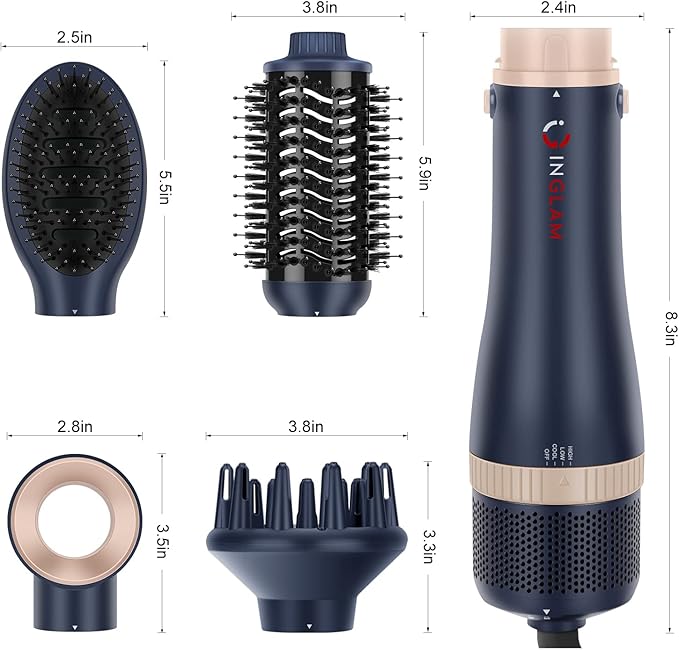 Hair Dryer Brush Set, IG INGLAM 4 in 1 Blowout Brush, Negative Ion Detachable Hair Dryer & Styler Volumizer Hot Air Hair Dryer Brush with 2 Styling Brush Heads, Prussian Blue