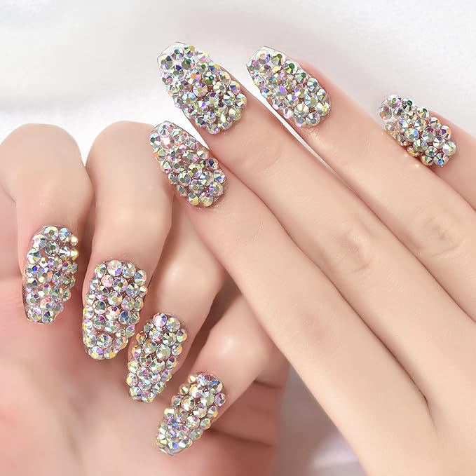 Handmade 24pcs Full 3D Rhinestone Press on False Nails Medium length Coffin Fake Nails Salon DIY Manicure Reusable Acrylic Shiny Crystal Nail Art Tips Gift for Women Girls