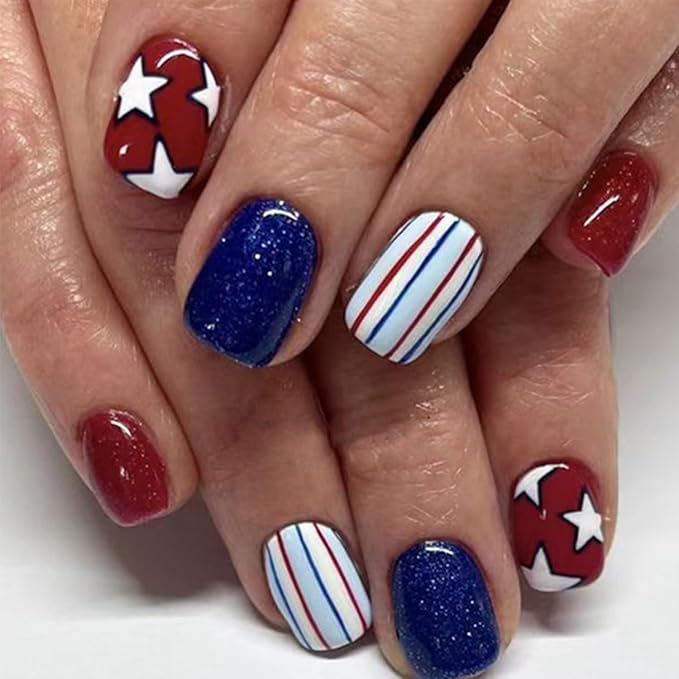 Independence Day Press on Nails Short Square 24Pcs 4th of July Fake Nails with White Star Stripe Designs Red Blue Glitter Patriotic Acrylic Nails Glossy Glue on Nails for Women Manicure