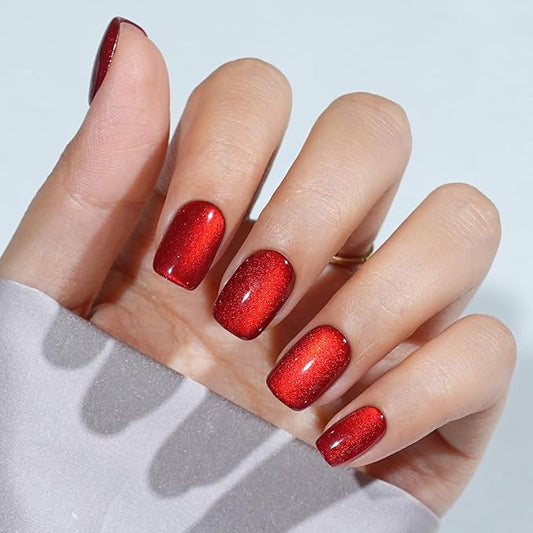 Press On Nails Short - Red Press On Nails Cat Eye Acrylic Square Red Nails with Nail Glue, Fit Perfectly Stick On Nails in 16 Sizes - 32PCS Soft Gel Kit,Crimson Fang