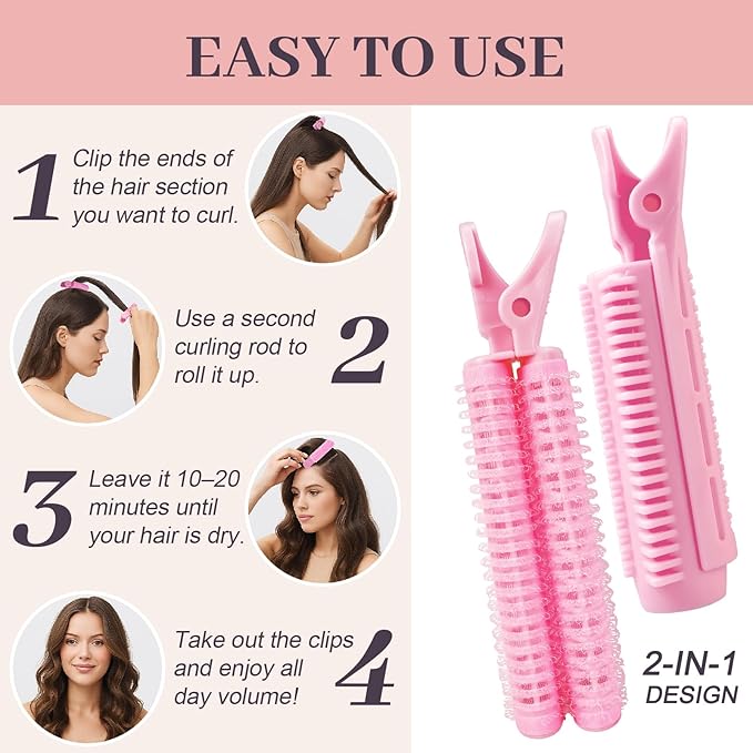 4PCS Volumizing Hair Clips for Root Lift & Volume - Instant Bangs Roller Clips for Effortless Curls & Lift - Velcro Rollers For Hair - Hair Rollers For Women - Pink