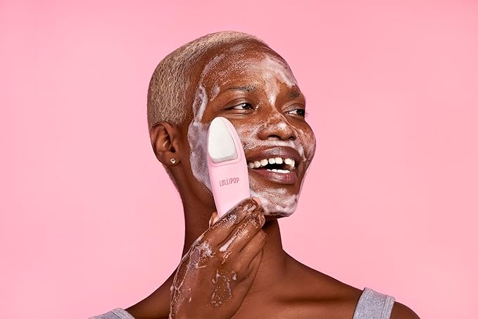 LOLLIPOP Dual-Sided Facial Cleansing Brush | Handle Size Silicone Face Exfoliator and Soft Fiber Cleanser | Manual Face Scrubber for Pores, Makeup Removal, Blackhead and Skincare Routine, Bubblegum