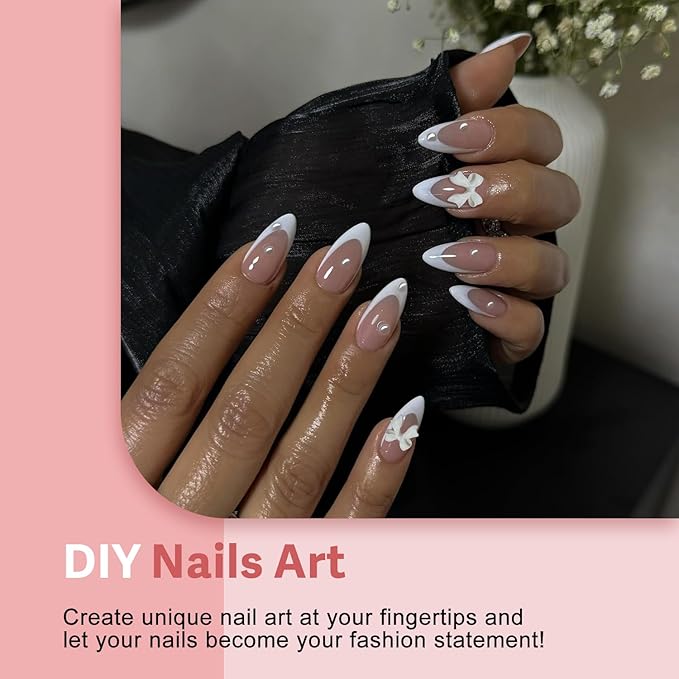 30Pcs Sky Blue French Tip Press on Nails Short Almond Nails Press ons, Short Fake Nails Almond Shaped Acrylic French Glue on Nails False Nail for Women, Natural Stiletto Nail 15 Sizes