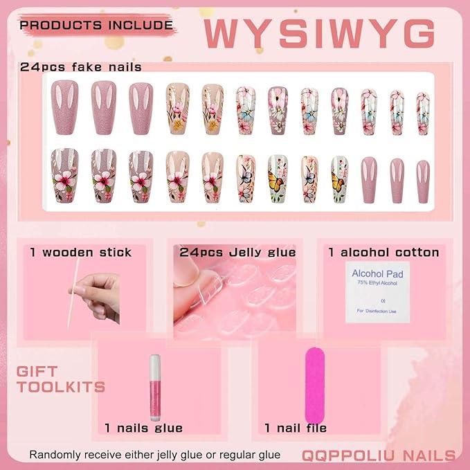 Long Coffin Press on Nails Pink False Nails with Flower Design Full Cover Nails Spring Glue on Nails for Girls