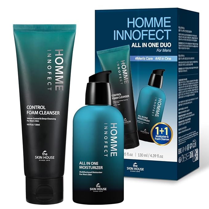 HOMME INNOFECT All-in-One Skincare Duo for Men | Foaming Face Wash & All-in-One Moisturizer (Toner + Serum + Aftershave Balm) | Korean Skin Care for Sensitive Skin | Gift for him