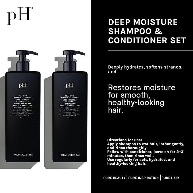 pH PURE HAIR Deep Moisture Shampoo & Conditioner Set - Moisturizing Formula For Dry Damaged Hair - Enriched with Kokum Nut Butter and Rose Extract 33.8 Oz (Pack of 2)