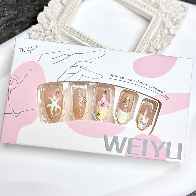 30Pcs Pink Flower Press on Nails Medium Almond Fake Nails with 3D Gold Starfish Gold Beads Shell Design White Yellow French Tip False Nails Spring Summer Floral Stick on Nails for Women Decor