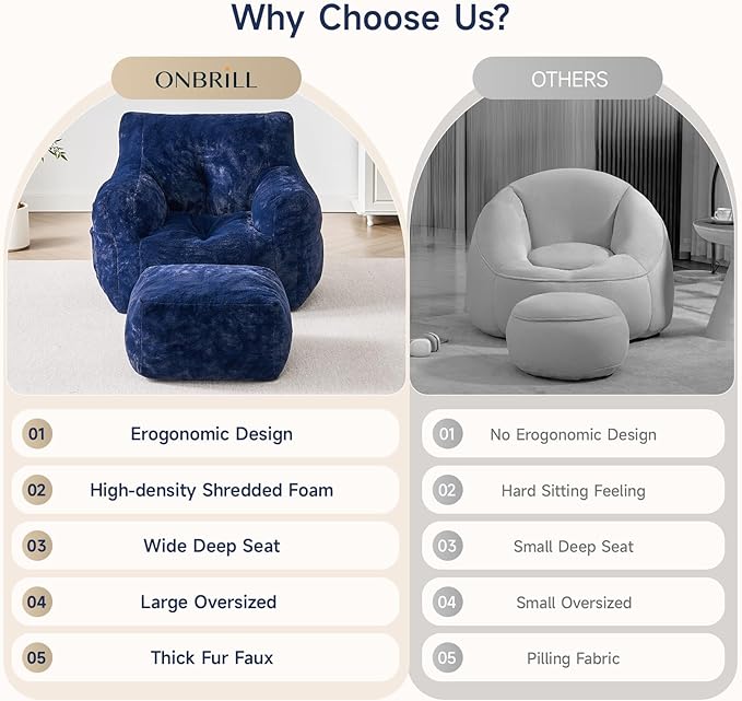 ONBRILL Giant Bean Bag Chairs for Adults with Ottoman, Faux Fur Boneless Chaise Couch Filler with Memory Foam,Large BeanBag Lounge Lazy Floor Sofa Accent Chair for Living Room,Bedroom & Game Rooms