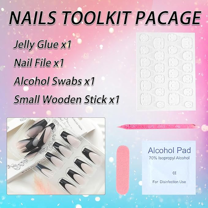 Medium Press On Nails Coffin Fake Nails Black French Tip False Nails Press Ons Nude Transparent Acrylic Glossy Glue On Artificial Stick On Nails for Women 24Pcs