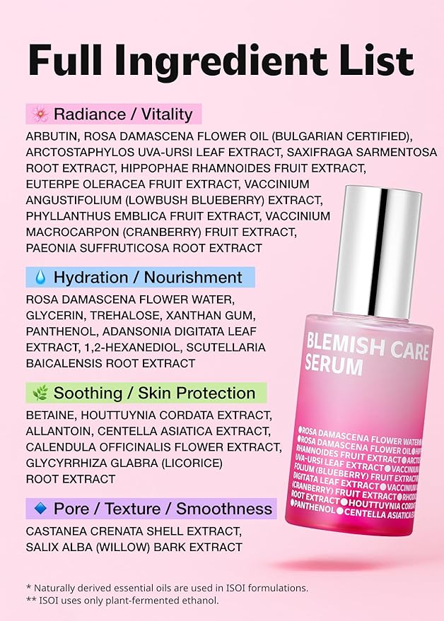 ISOI Blemish Care Up Serum for Face, Vegan Hydrating Serum for Smooth & Glass Skin Effect, Skin Barrier & Moisture Balance for Women, Arbutin & Rose Otto Oil, Korean Skin Care (0.85 fl. oz, 25ml)