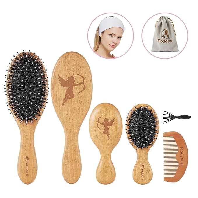 Hair Brush Set - Boar Bristle for Women Men Kids All Hair Types, Detangling & Smoothing, Regular & Small Travel Brush, Wooden Comb, Travel Bag, Spa Headband, Cleaner Included
