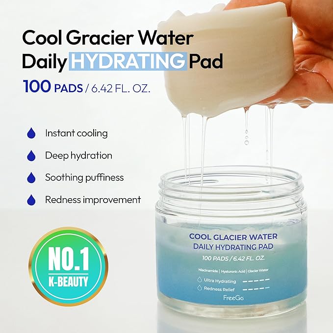 FreeGo Cool Glacier Water Daily Hydrating Pad (100 Pads), K-Beauty Facial Toner Pads for Puffy Dehydrated Skin, Instant Cooling Hydration