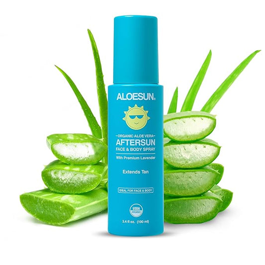 ALOESUN After Sun Face and Body Spray | Non Sticky Organic Aloe Vera for Sun Exposure Relief with Pure Lavender Essential Oil | Natural Aftersun Skin Moisturizer for Redness | Travel Size 3.4 Fl Oz