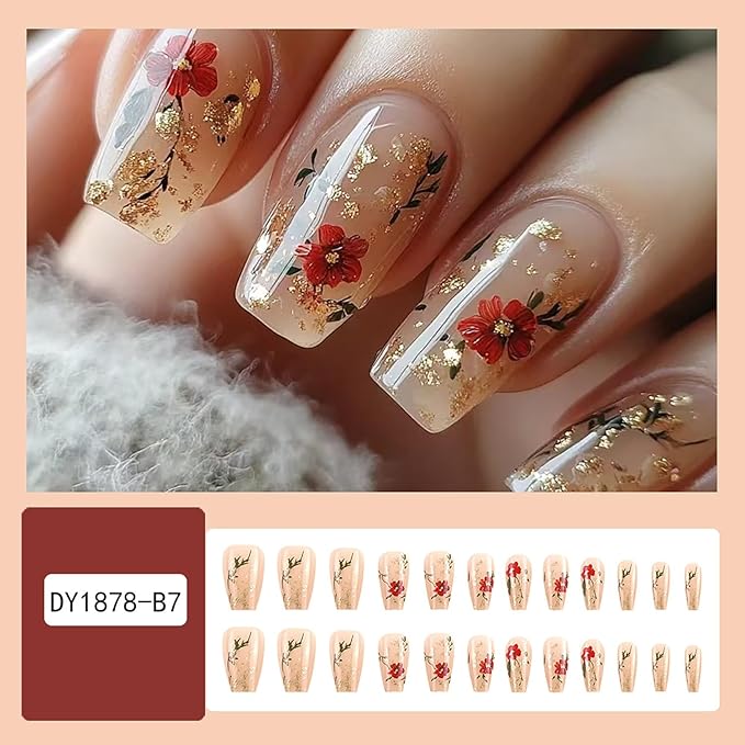 Press on Nails Medium Length Ballet Shaped Flower False Nails Gold Glitter Sequins Floral Design Full Cover Artificial Stick on Nails Glossy Reusable Glue on Nails for Women Manicure Decoration
