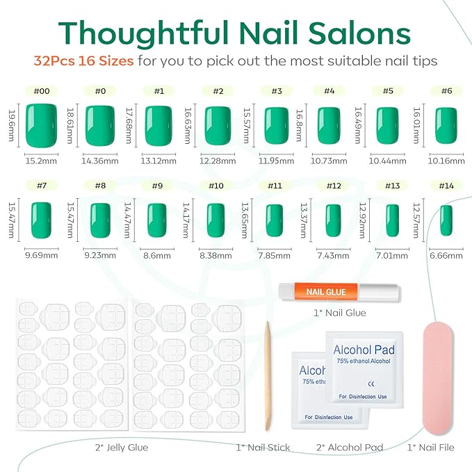 Modelones Green Press on Nails, Christmas Short Square Fake Nails, Summer Spring Reusable Nail Kit with Nail Glue Adhesive Tabs Mini Nail File, Nails Press Ons 32Pcs16 Sizes, Women Girl Gift