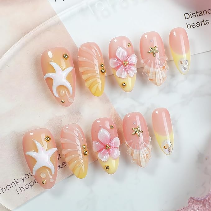 24Pcs Summer Beach Press on Nails Almond Medium Flower Fake Nails with Gold Bead Starfish Rhinestones Design Stick on Nail Ocean Theme Glue on Nails French Tip False Nails for Women Acrylic Manicure