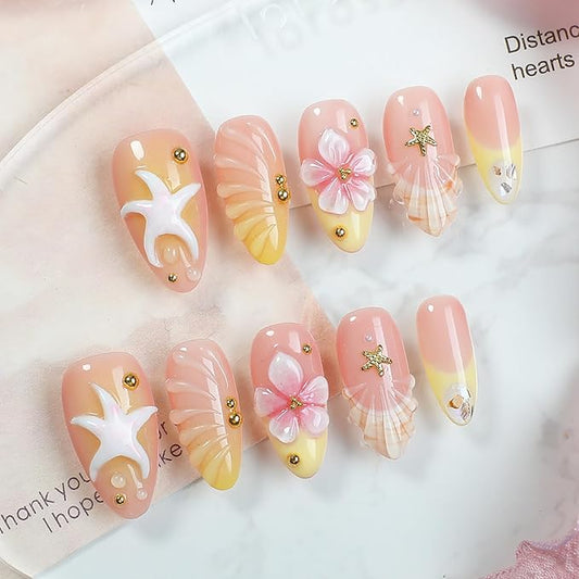 24Pcs Summer Beach Press on Nails Almond Medium Flower Fake Nails with Gold Bead Starfish Rhinestones Design Stick on Nail Ocean Theme Glue on Nails French Tip False Nails for Women Acrylic Manicure