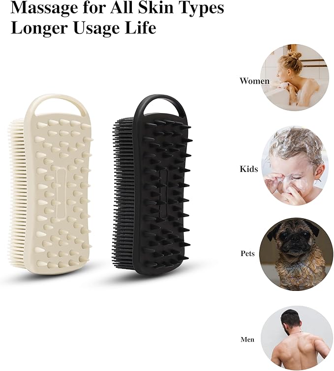 2 PC Silicone Body Scrubber, 2 in 1 Exfoliating Shower Bath Scrubber, Soft Silicone Loofah for Sensitive Skin, Shower Hair Scalp Massager, Easy to Clean, Lather Well (Grey&Black)