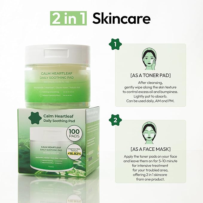 FreeGo Calm Heartleaf Daily Soothing Pad (100 Pads), K-Beauty Facial Toner Pads for Sensitive or Acne-Prone Skin, Instant Soothing Skin Repair