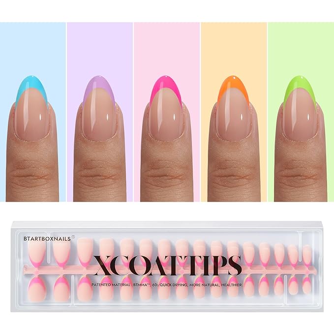 BTArtboxnails XCOATTIPS French Gel Nails - French Tip Press on Nails, Short Almond Nail Tips, Brighter Pastel Soft Gel Nails False Nail, Soak Off Acrylic Fake Nails Art Extensions