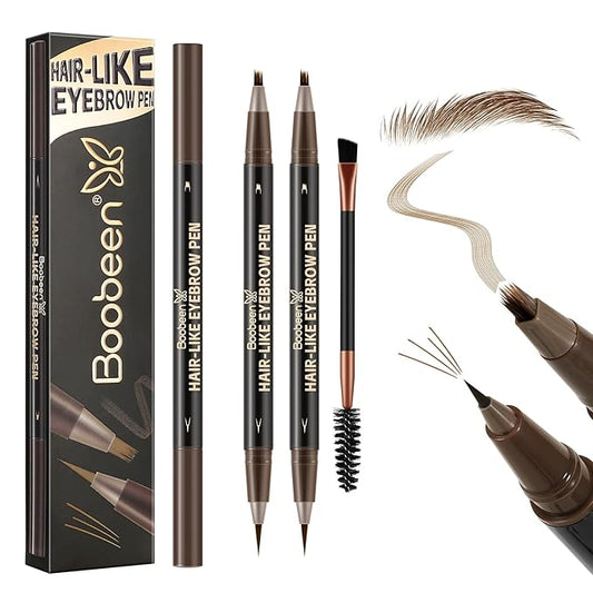 Boobeen 3pcs Waterproof Eyebrow Pen，Dual-Ended Eyeliner Microblading Eyebrow Pencil for Women，Long Lasting Hair-Like Brow Pen with Brow Brush，Dark Brown