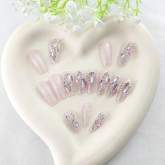 5D Decorate Press on Nails Medium Fake Nails Coffin 24Pcs Transparent Acrylir for Women Nail Press ons Gem Rhinestones Glue on Nails with Glitter Designs Pink Stick on Nails for Women Art Manicure