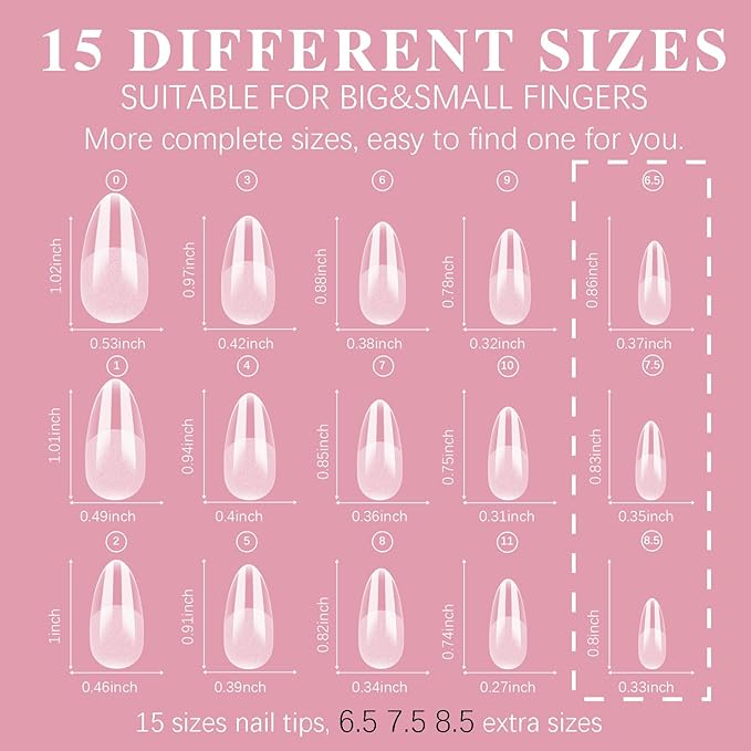 Medium Almond Nail Tips, SSWSBYKE 300pcs Soft Gel Nail Tips for Full Cover Pre-Shaped Acrylic Fake Nails Tips 15 Sizes Half Matte Press On Nails for Extension Home DIY Salon