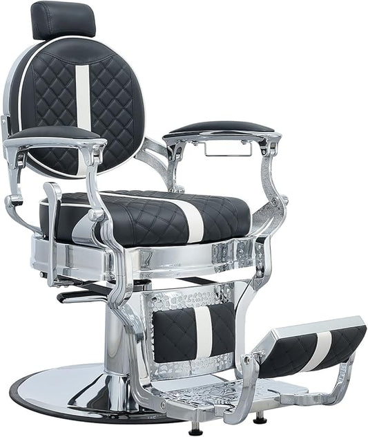 FRNIMAC Heavy Duty Barber Chair, All Purpose Vintage Style Mens Barber Chair Hydraulic Recline Salon Chair Barbershop Equipment for Beauty Spa Tatoo Massage, Weight Capacity 700lbs (Black-Chrome)