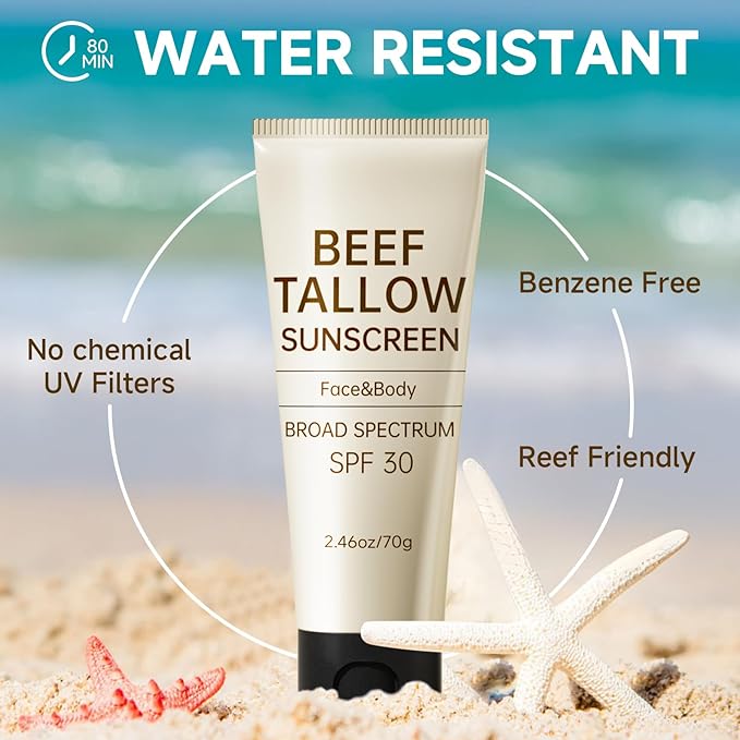 Tallow Sunscreen, Sunscreen for Face, SPF30 Natural Reef Safe Face Body Beef Tallow Sunblock, Non Greasy Clean Travel Sun Screen Sunblock for Summer Outdoor Travel, 2.46 OZ