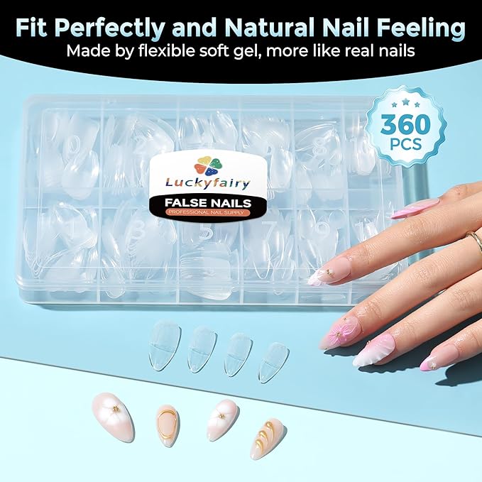 Medium Almond Nail Tips, 360pcs Soft Gel Pre-Shaped Acrylic Fake Nails, Half Matte Full Cover Clear Gelly Press on Flase Nail Tips for Extension Nail Manicure Home DIY 12 Sizes Gelly Tips