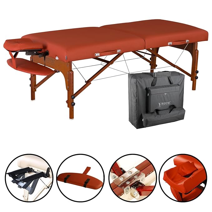 Master Massage 31" Santana Pro Portable Massage Table Package, Memory Foam Cushioning, Reiki Leg Panels, Mountain Red- Tattoo Table- Spa Bed- Folding Massage Table- Facial Bed