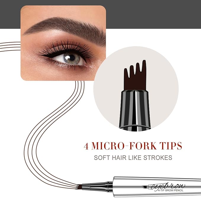 Eyebrow Pencil Microblade Eyebrow Pen - Waterproof Eyebrow Pen 4 Fork Tip Pencil Smudge Proof Long Lasting Brow Pens, Dark Brown