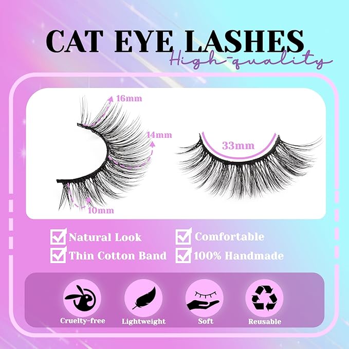 Losha Lashes Wispy False Eyelashes Natural Cat Eye Lashes Kit with Lash Glue and Lash Tweezers 14 Pairs Short Fake Eyelashes Soft Thin Faux Mink Lashes Pack (Lighter)