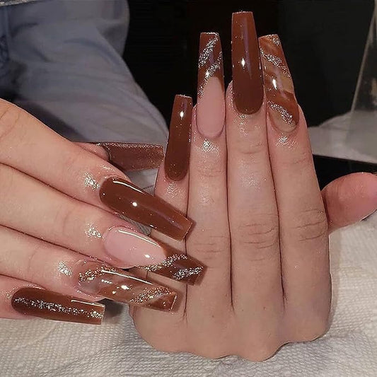BABALAL Press on False Nails Full Cover Glue Stick on Fake Nails - Long Coffin, Brown Fall Acrylic, 24Pcs, Bling Glossy Manicure for Women and Girls
