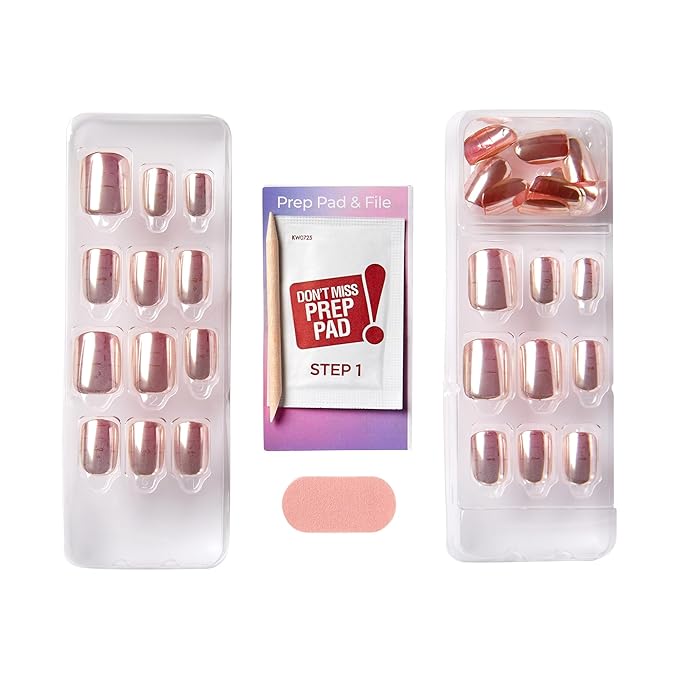 KISS colorFX by imPRESS Press-On Nails, Easy No-Glue Manicure, Solid Pink Chrome, Short Squoval, Stronger Adhesive, 30 Fake Nails + Prep Pad, Manicure Stick & Mini Nail File