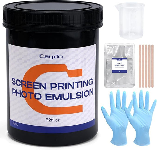 Caydo Screen Printing Emulsion, 32oz Large Capacity Photo Emulsion with Diazo Sensitizer, Measuring Cup, Gloves, and Stir Sticks, Screen Printing Emulsion Kit for Screen Printing Frames