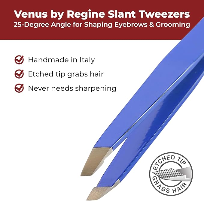 Venus by Regine Slant Tweezers - Handmade Precision Tool for Women & Men, 25-Degree Angle for Shaping Eyebrows & Grooming Facial Contours, Suitable for Eyebrow & Facial Hair Removal (Navy)