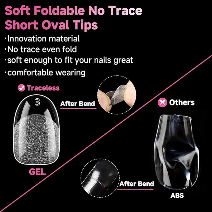 UNA GELLA Short Oval Round Nail Tips, Pre Etched Short Oval Gel Nail Tips Soft Gel Full Cover Press on Nails for Nails Extension Art DIY Salon 216Pcs 12 Sizes