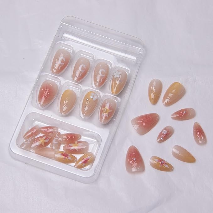 Press on Nails Short Almond Fake Nails 3D Flowers Acrylic Nails Glossy Floral False Nails with Chrome Artificial Nails Full Cover Soft Gel Glue on Nails for Women Girls Manicure Art Decoration